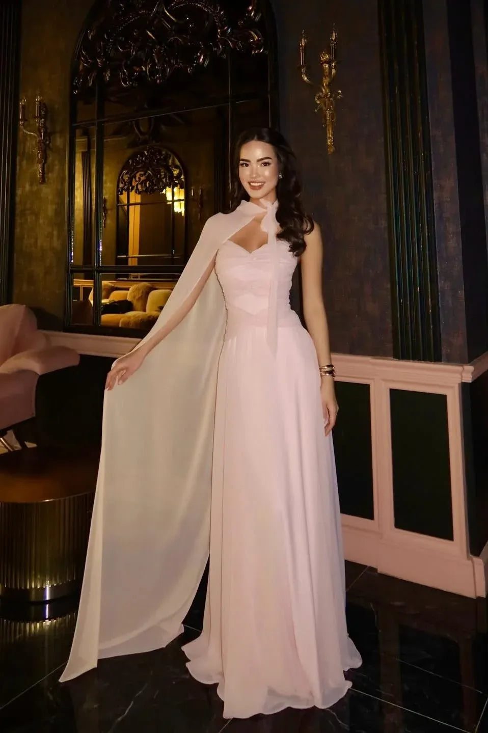 Elegant Halter Neck Cape Chiffon A-Line Maxi Dress