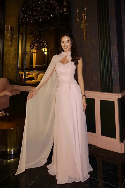 Elegant Halter Neck Cape Chiffon A-Line Maxi Dress