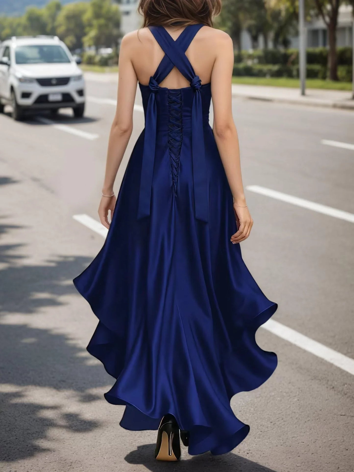 Elegant Halter Neck Cross - Back Lace - Up Satin Evening Dress with Asymmetrical Ruffled Hem & High Slit