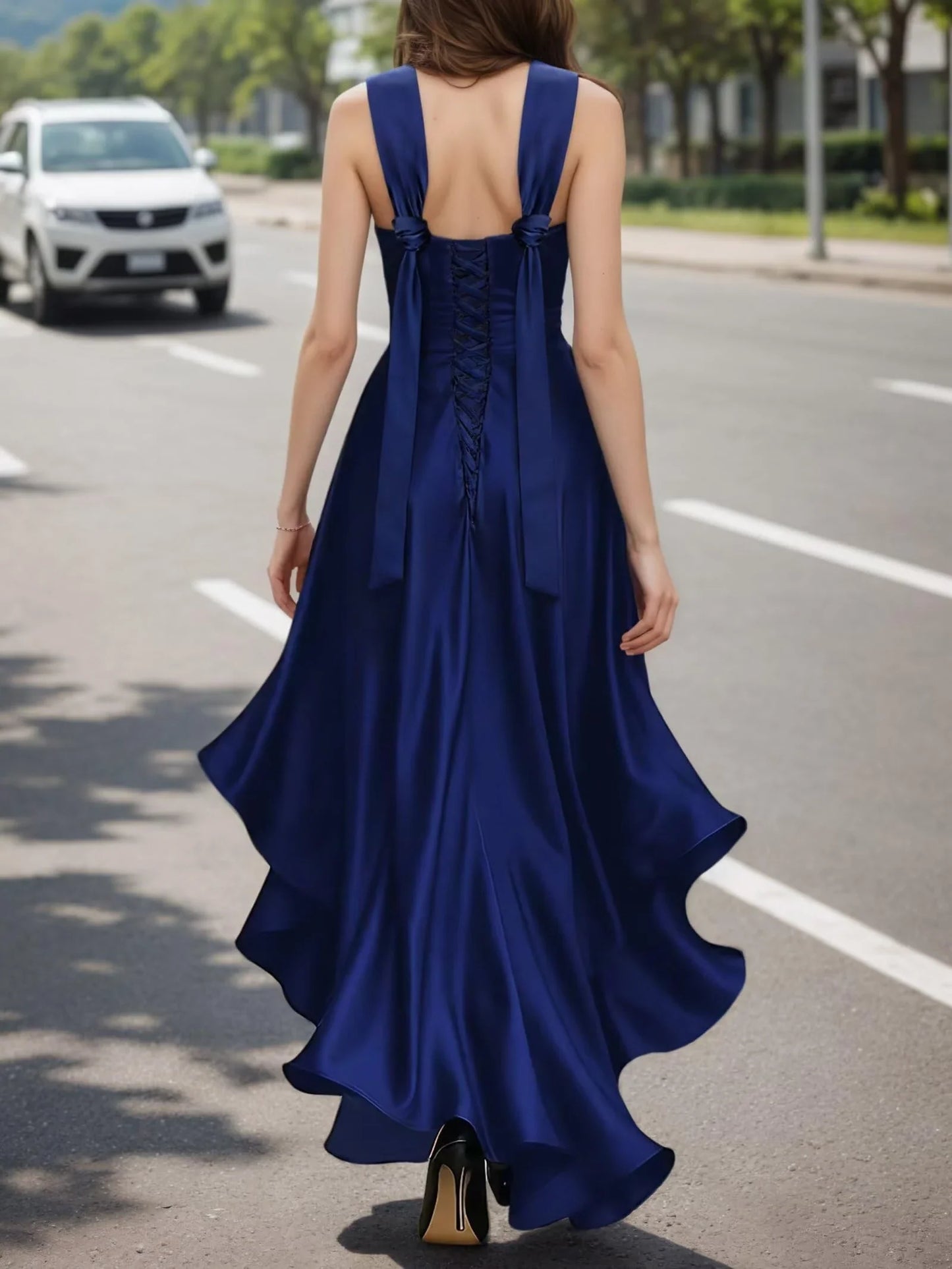 Elegant Halter Neck Cross - Back Lace - Up Satin Evening Dress with Asymmetrical Ruffled Hem & High Slit