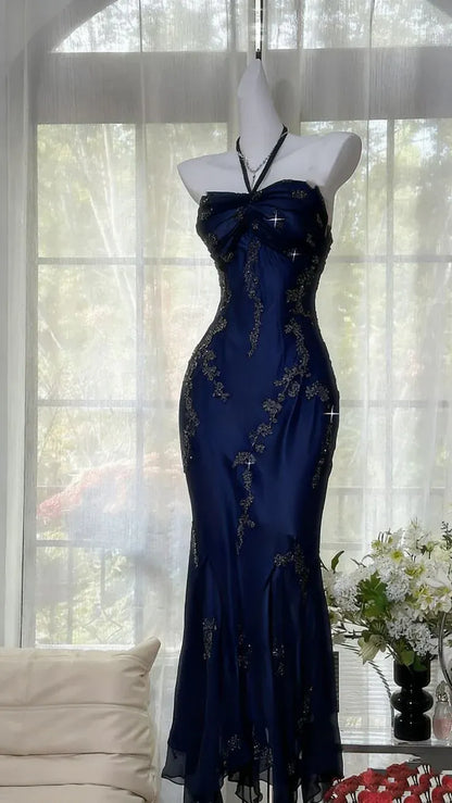 Elegant Halter Neck Ruched Mermaid Maxi Dress with Embroidery & Asymmetrical Hem
