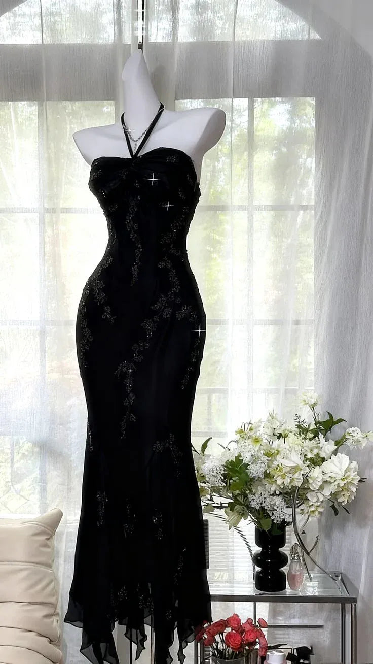 Elegant Halter Neck Ruched Mermaid Maxi Dress with Embroidery & Asymmetrical Hem
