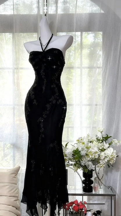 Elegant Halter Neck Ruched Mermaid Maxi Dress with Embroidery & Asymmetrical Hem