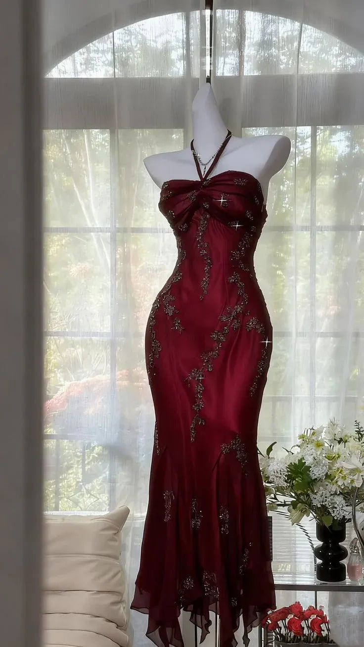 Elegant Halter Neck Ruched Mermaid Maxi Dress with Embroidery & Asymmetrical Hem