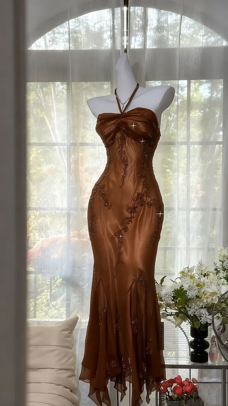 Elegant Halter Neck Ruched Mermaid Maxi Dress with Embroidery & Asymmetrical Hem