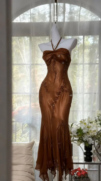 Elegant Halter Neck Ruched Mermaid Maxi Dress with Embroidery & Asymmetrical Hem