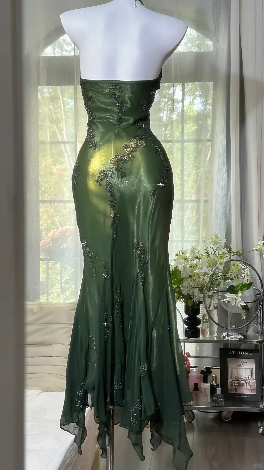 Elegant Halter Neck Ruched Mermaid Maxi Dress with Embroidery & Asymmetrical Hem