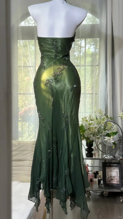 Elegant Halter Neck Ruched Mermaid Maxi Dress with Embroidery & Asymmetrical Hem