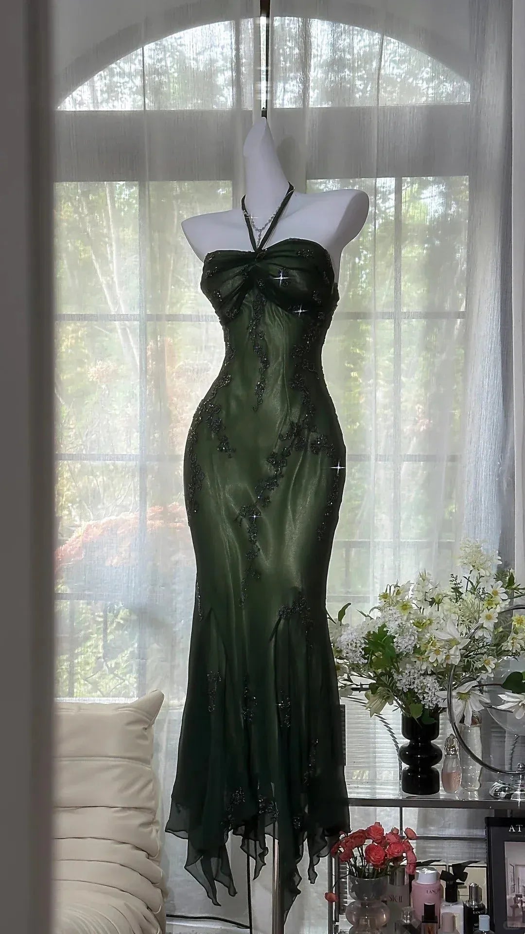 Elegant Halter Neck Ruched Mermaid Maxi Dress with Embroidery & Asymmetrical Hem