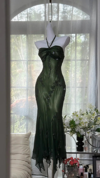 Elegant Halter Neck Ruched Mermaid Maxi Dress with Embroidery & Asymmetrical Hem