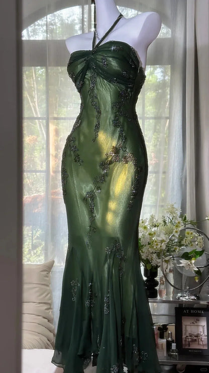 Elegant Halter Neck Ruched Mermaid Maxi Dress with Embroidery & Asymmetrical Hem