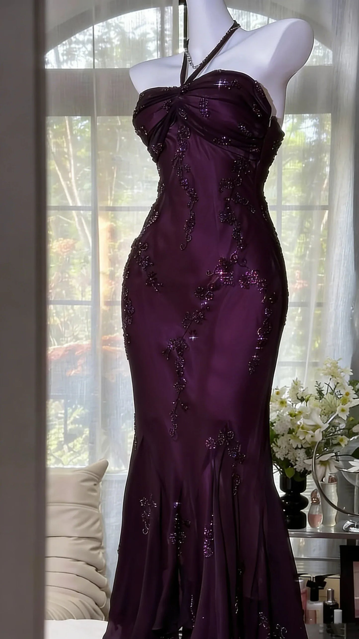 Elegant Halter Neck Ruched Mermaid Maxi Dress with Embroidery & Asymmetrical Hem