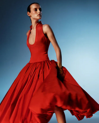 Elegant Halter Neck Satin Bubble Hem Midi Dress