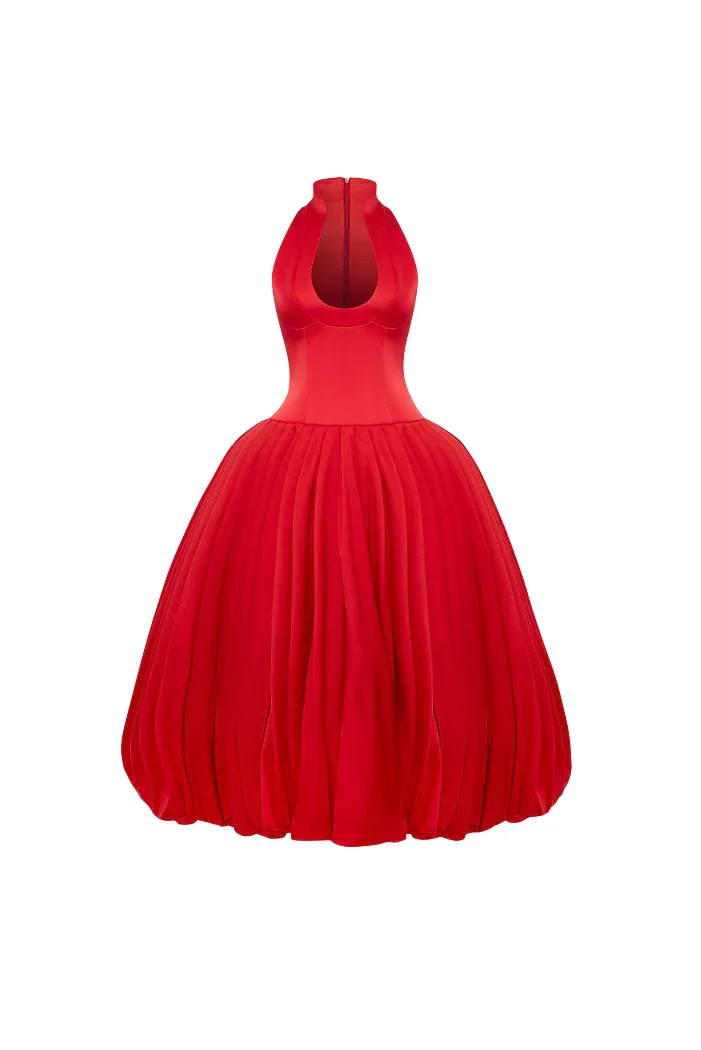 Elegant Halter Neck Satin Bubble Hem Midi Dress