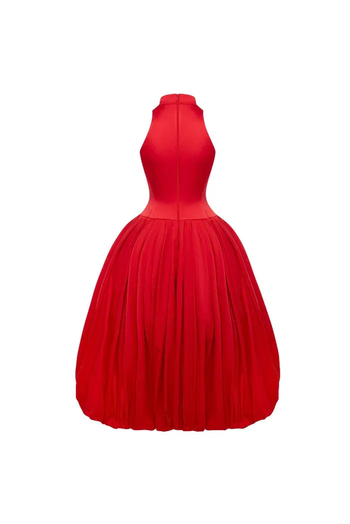 Elegant Halter Neck Satin Bubble Hem Midi Dress