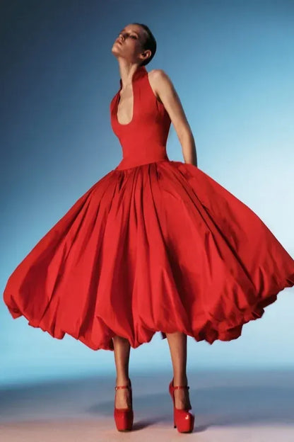 Elegant Halter Neck Satin Bubble Hem Midi Dress