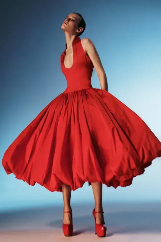 Elegant Halter Neck Satin Bubble Hem Midi Dress