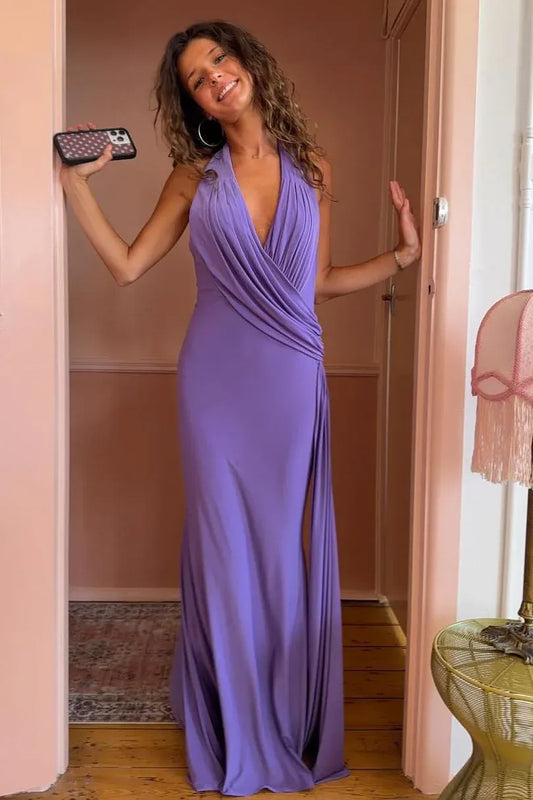 Elegant Halter V-Neck Mermaid Formal Dress With Open Back
