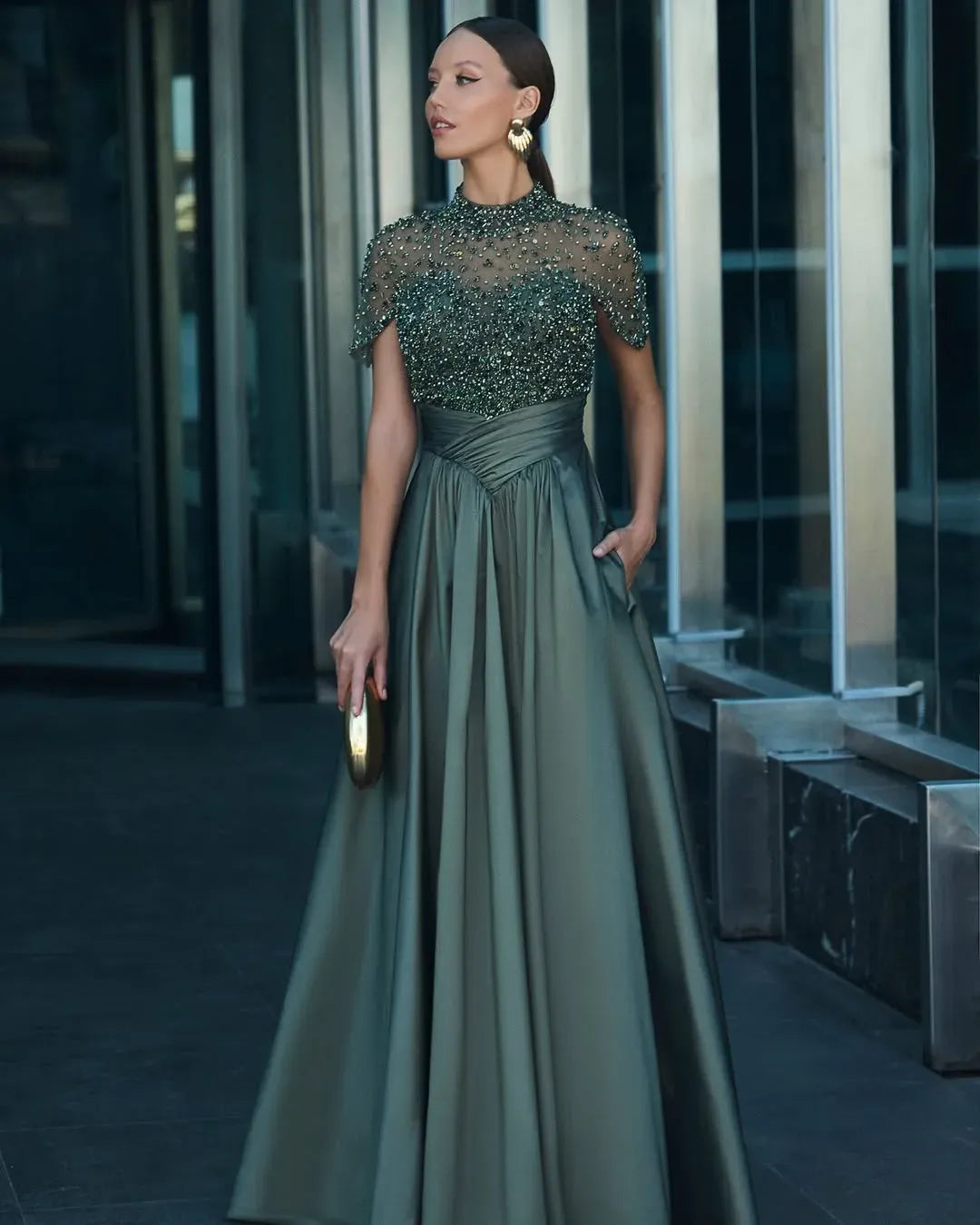 Elegant High Neck Beaded Sheer Cape Sleeve Satin A-Line Maxi Dress