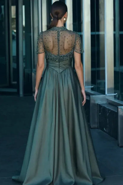 Elegant High Neck Beaded Sheer Cape Sleeve Satin A-Line Maxi Dress