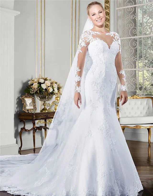 Elegant white lace wedding dress with jewel neck and long illusion sleeves, featuring a court train.
