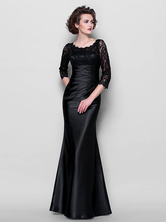 Elegant Mother of the Bride gown with jewel neck and long sleeves.