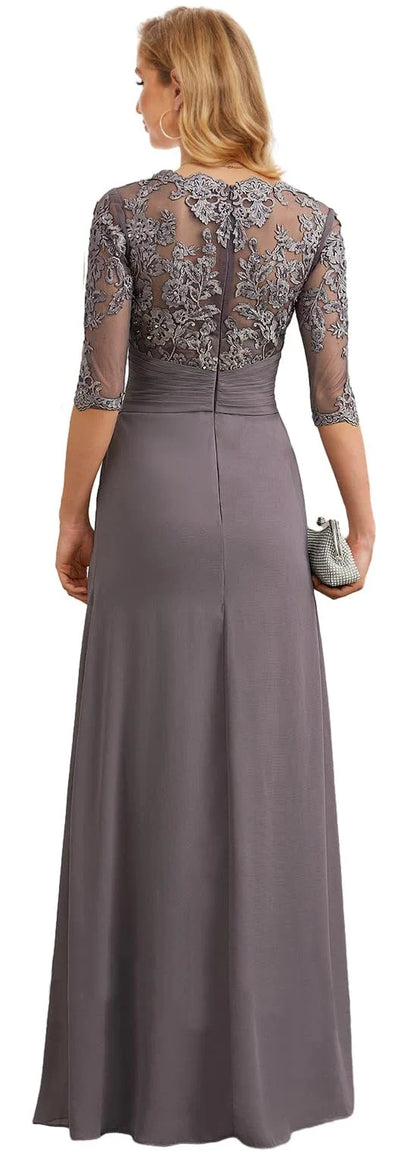 Elegant Lace 3/4 Sleeve Ruched Bodice Maxi Evening Dress