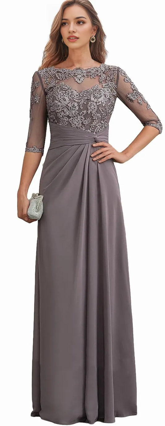 Elegant Lace 3/4 Sleeve Ruched Bodice Maxi Evening Dress
