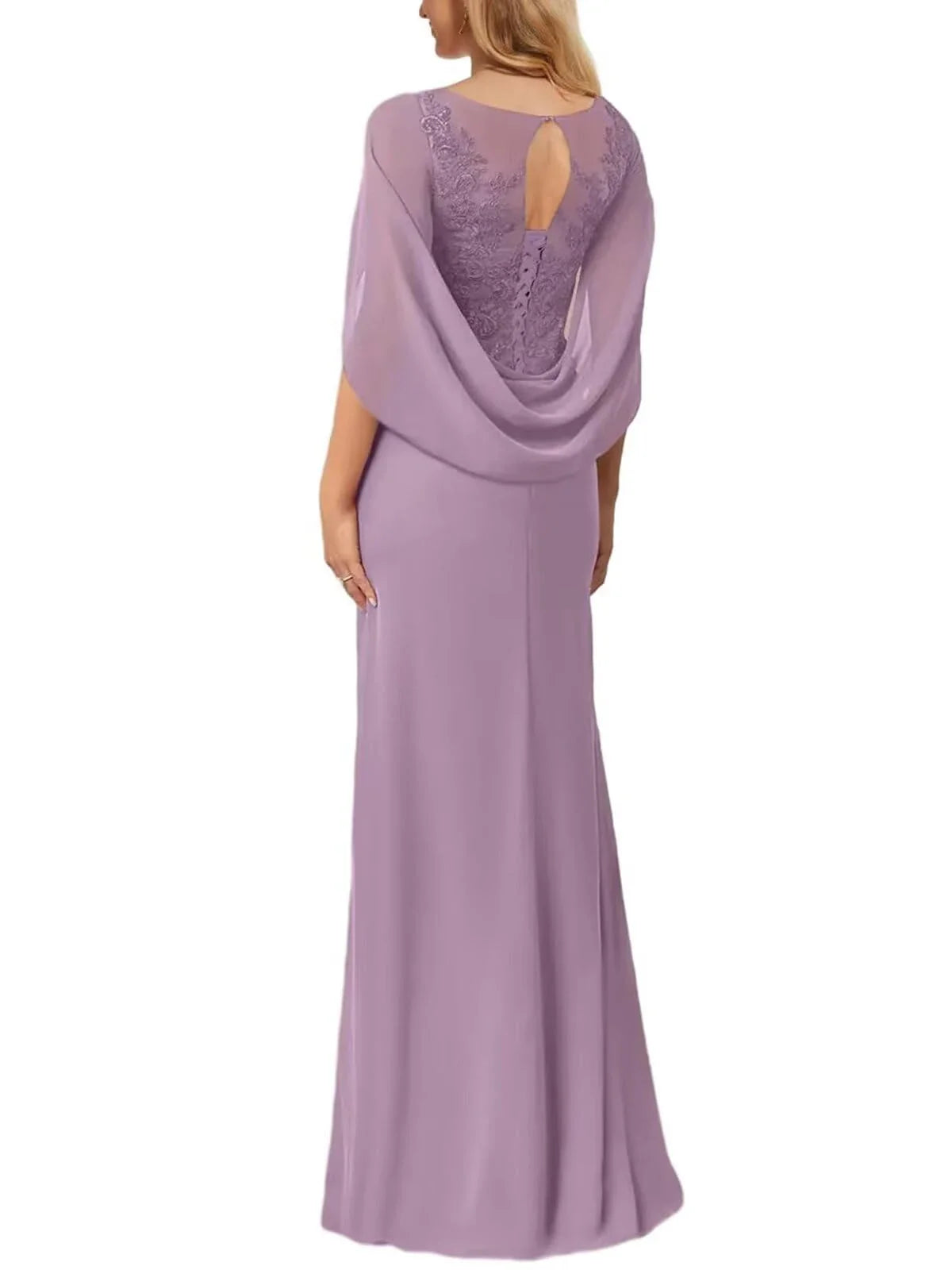 Elegant Lace Appliqu¨¦ Cowl Sleeve Keyhole Back Maxi Evening Dress