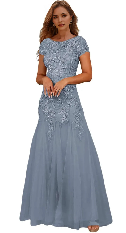 Elegant Lace Appliqu¨¦ Short-Sleeve Keyhole Back Maxi Evening Dress