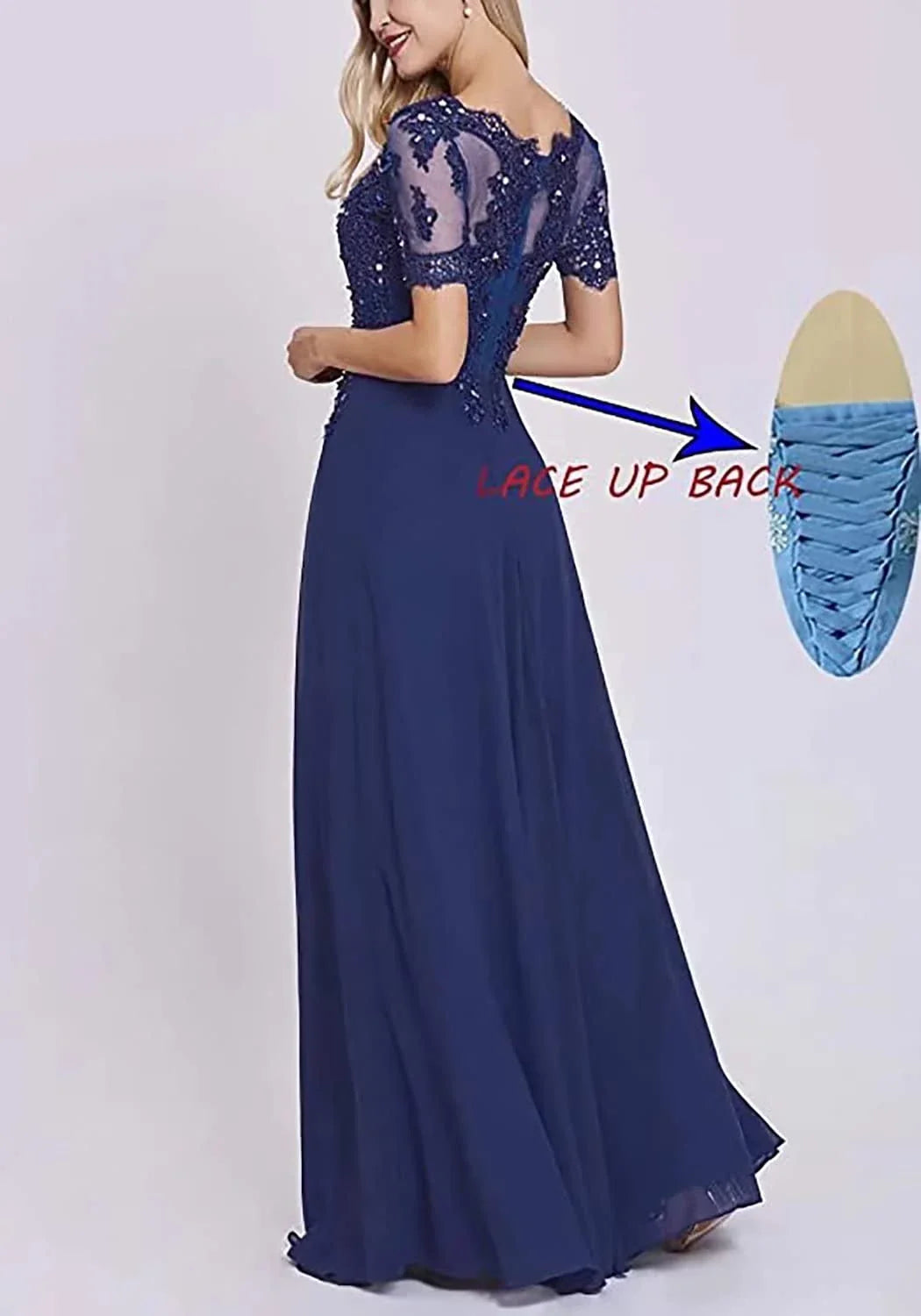 Elegant Lace Appliqu¨¦ Short-Sleeve Lace-Up Back Maxi Evening Dress