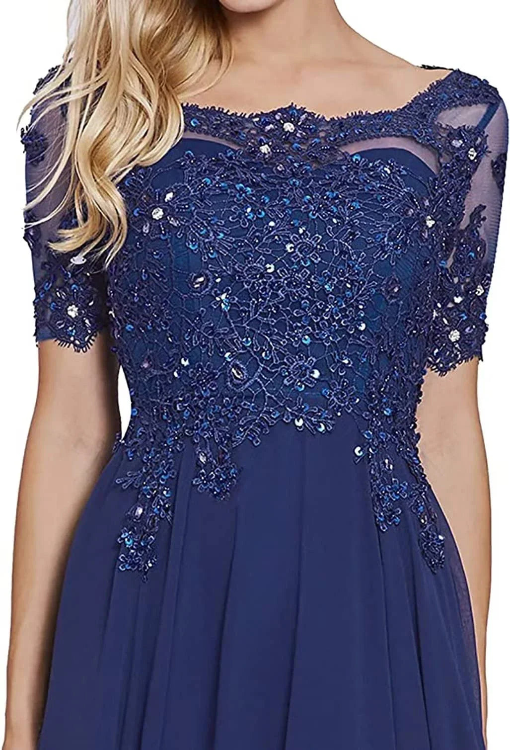 Elegant Lace Appliqu¨¦ Short-Sleeve Lace-Up Back Maxi Evening Dress