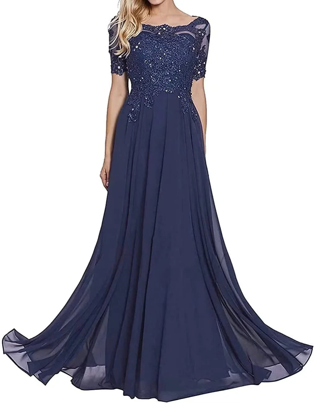 Elegant Lace Appliqu¨¦ Short-Sleeve Lace-Up Back Maxi Evening Dress