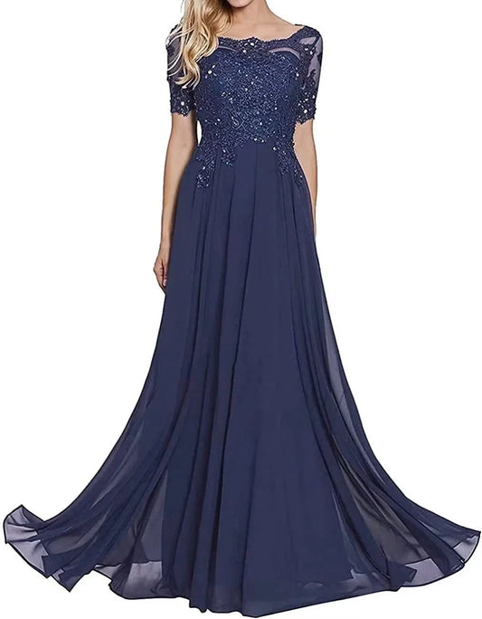 Elegant Lace Appliqu¨¦ Short-Sleeve Lace-Up Back Maxi Evening Dress