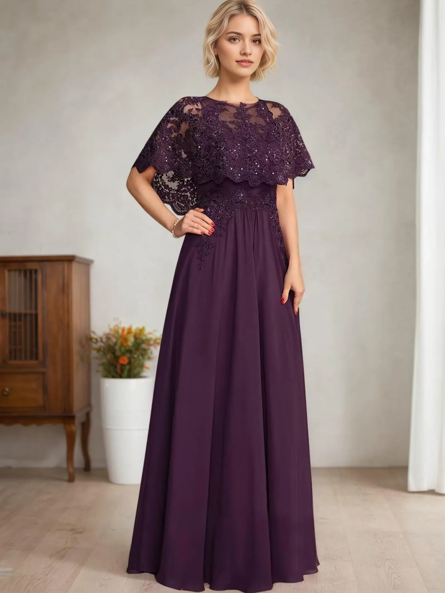 Elegant Lace Cape Sleeve Round Neck Maxi Evening Dress