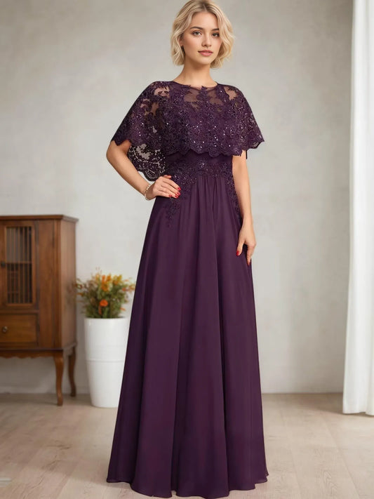Elegant Lace Cape Sleeve Round Neck Maxi Evening Dress