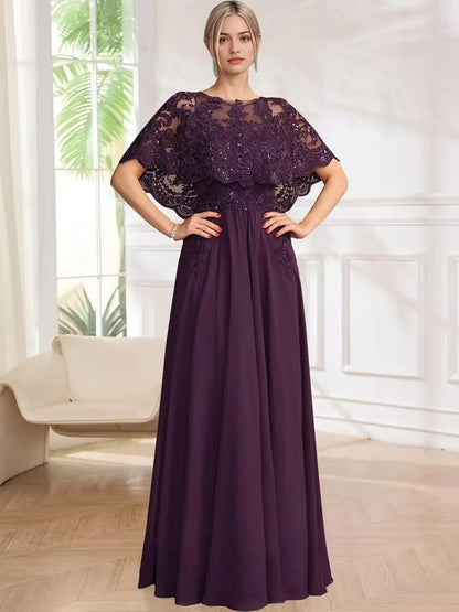 Elegant Lace Cape Sleeve Round Neck Maxi Evening Dress