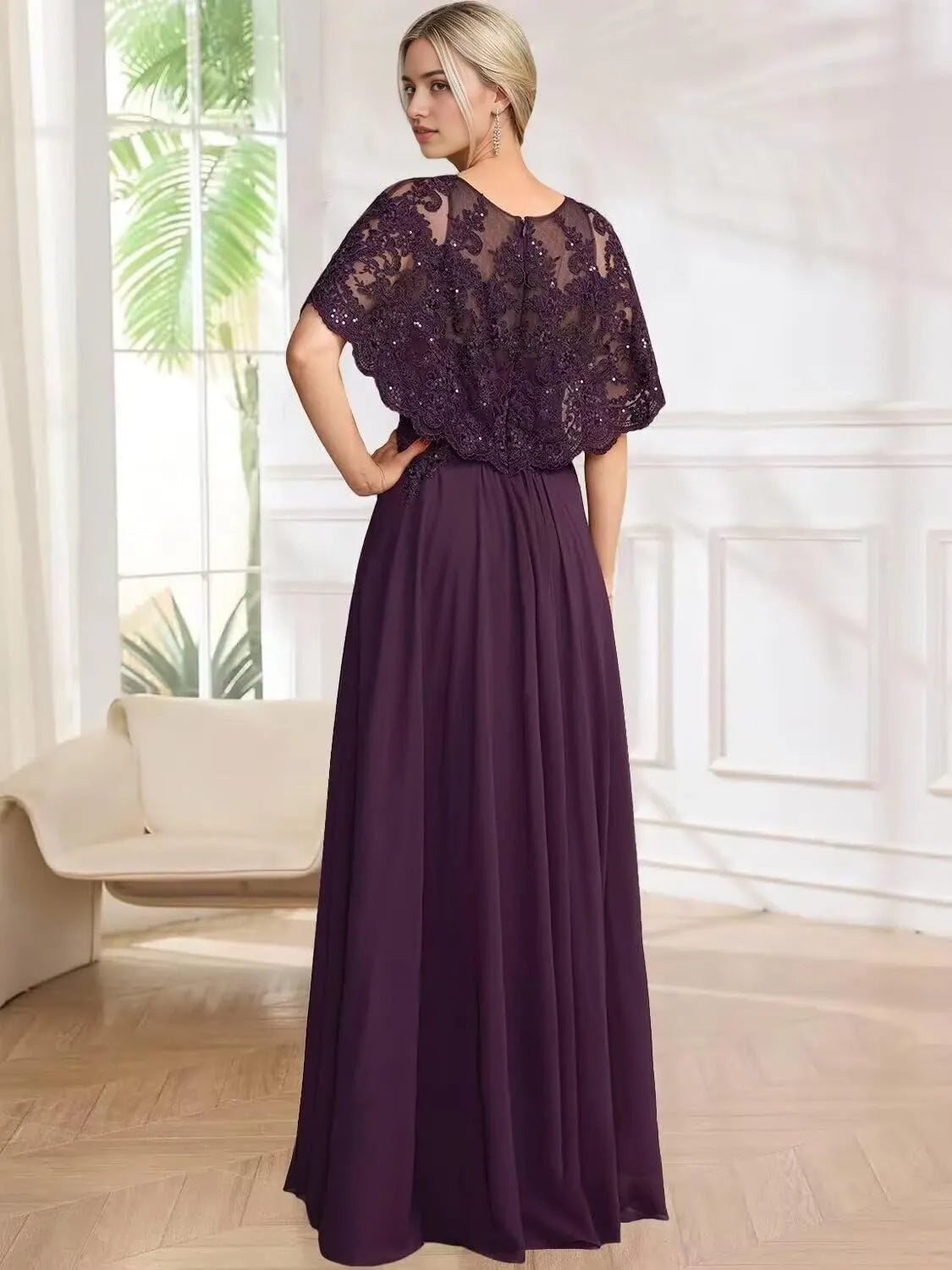 Elegant Lace Cape Sleeve Round Neck Maxi Evening Dress