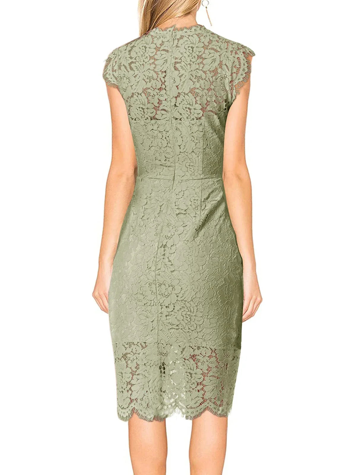 Elegant Lace High-Neck Cap-Sleeve Back Zip Sheath Midi Evening Dress