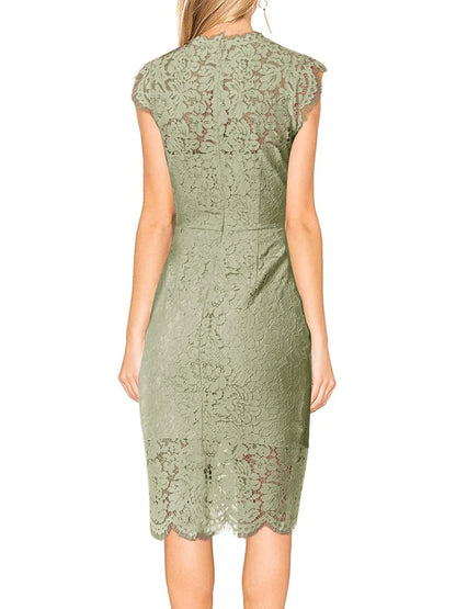 Elegant Lace High-Neck Cap-Sleeve Back Zip Sheath Midi Evening Dress