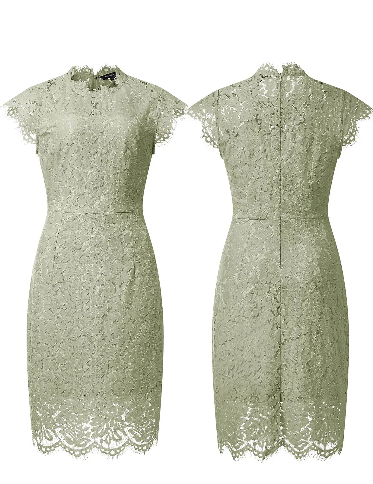 Elegant Lace High-Neck Cap-Sleeve Back Zip Sheath Midi Evening Dress