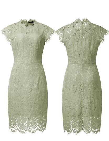 Elegant Lace High-Neck Cap-Sleeve Back Zip Sheath Midi Evening Dress