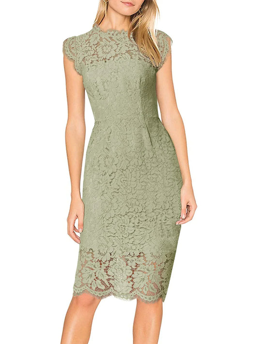 Elegant Lace High-Neck Cap-Sleeve Back Zip Sheath Midi Evening Dress