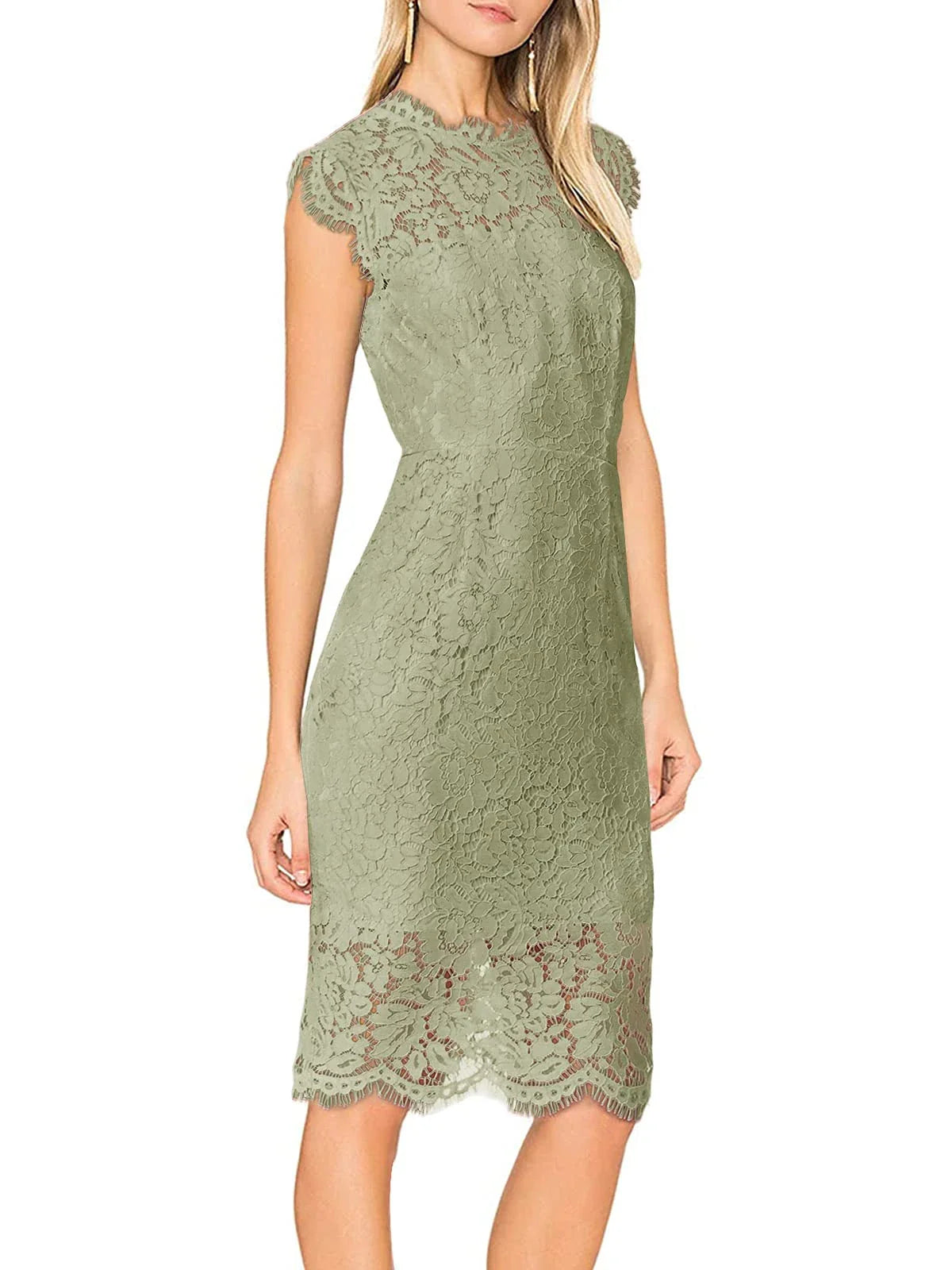 Elegant Lace High-Neck Cap-Sleeve Back Zip Sheath Midi Evening Dress