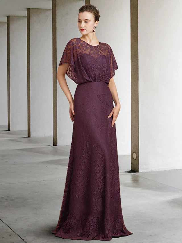 Elegant floor-length lace Mother of the Bride dress with jewel neck and short sleeves.