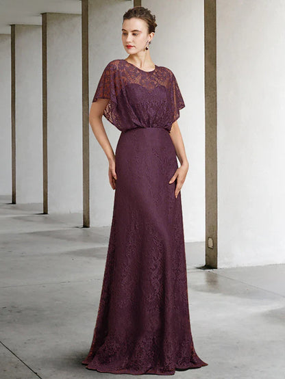 Elegant floor-length lace Mother of the Bride dress with jewel neck and short sleeves.