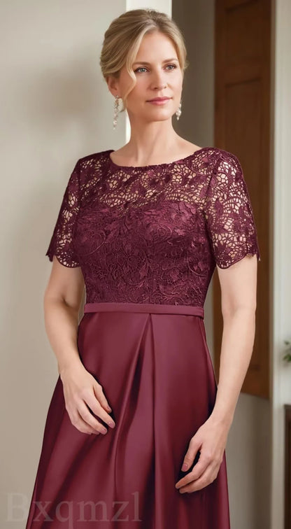 Elegant Lace Short-Sleeve High-Low Hem Maxi Evening Dress