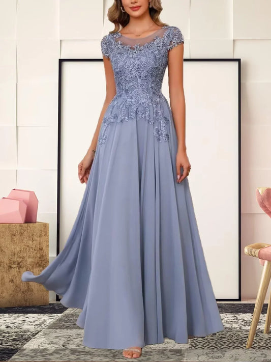 Elegant Lace Short-Sleeve High-Low Hem Maxi Evening Dress