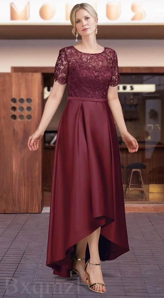 Elegant Lace Short-Sleeve High-Low Hem Maxi Evening Dress
