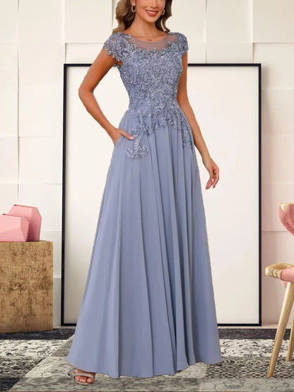Elegant Lace Short-Sleeve High-Low Hem Maxi Evening Dress